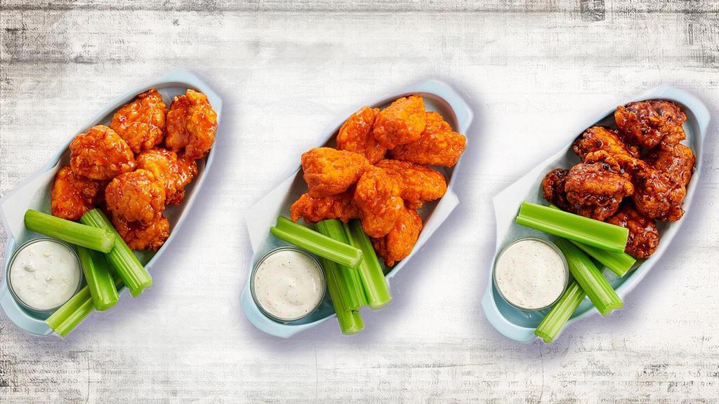 Boneless Wings · Choose size based on weight from: 8 oz, 16 oz or 24 oz (each lb yields 14-19 pieces). Plain or choice of sauce:  Louisiana Honey Hot sauce , Spicy Korean BBQ sauce, Homestyle BBQ sauce, Sweet Thai Chili sauce, Buffalo BBQ sauce, or Spicy Buffalo sauce..