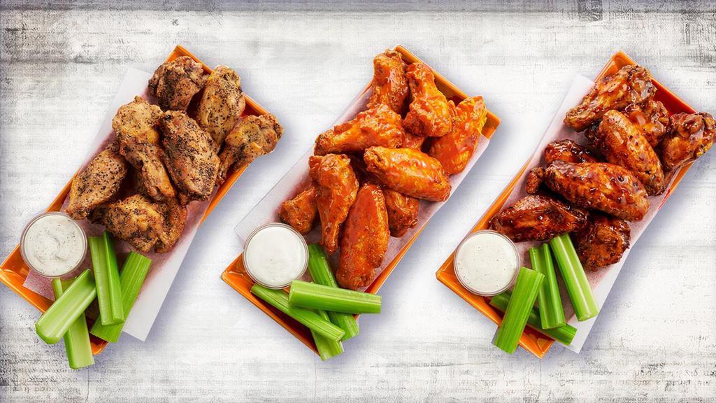Traditional Wings · Choose size based on weight from: 12 oz, 24 oz or 36 oz (each lb yields 9-11 pieces). . Plain, sauced or rubbed. Choose between Louisiana Honey Hot sauce , Spicy Korean BBQ sauce, Homestyle BBQ sauce, Sweet Thai Chili sauce, Buffalo BBQ sauce, or Spicy Buffalo sauce. Or try one of our dry rubs: Lemon Pepper or Chili Lime .