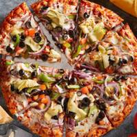 Super Veggie · Red sauce, cheese, mushrooms, bell peppers, black olives, red onions, diced tomatoes and art...