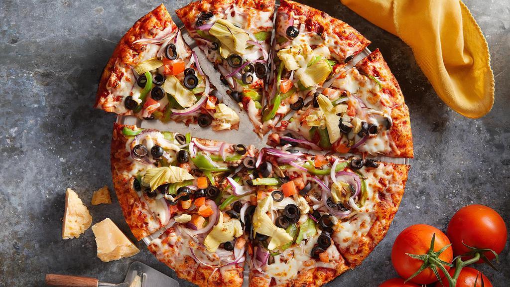 Super Veggie · Red sauce, cheese, mushrooms, bell peppers, black olives, red onions, diced tomatoes and artichokes.
