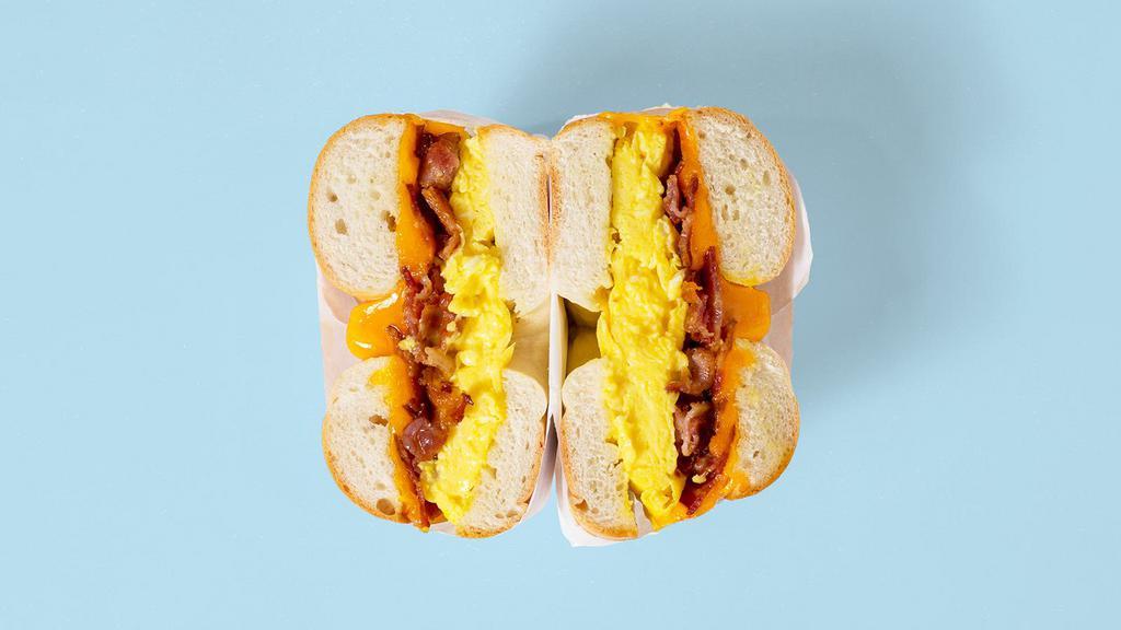 Bacon Egg And Cheese Bagel · Choice of bagel with bacon, 2 scrambled eggs, and cheese.