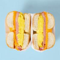 Ham Egg And Cheese Bagel · Choice of bagel with ham, 2 scrambled eggs, and cheese.