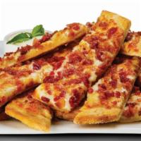 Cheezee Bacon Bread - Large · Signature creamy garlic sauce, topped with mozzarella cheese, and smoked bacon. Served with ...