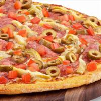Mediterranean Pizza - Extra Large · Original Signature crust, creamy pesto sauce, 100% whole milk mozzarella, Italian salami, ma...