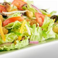 Garden Salad · Iceberg Lettuce, Bell Peppers, Red Onions, Black Olives, Fresh Roma Tomatoes, Mozzarella Che...