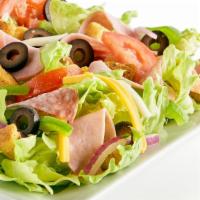 Antipasto Salad · Fresh chopped iceberg lettuce, sliced green bell peppers, sliced red onions, black olives, C...