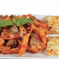 Penne Sausage Marinara · Penne rigati and Italian sausage, tossed in our homemade red tomato sauce and topped with mo...