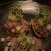 Tostadas de Atún · ahi tuna, Calavera style Maggi lime dressing, serrano pepper, jicama, avocado mousse, toaste...