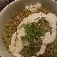 Arroz Verde · long grain rice, crema, queso fresco, micro cilantro (GF, vegetarian)