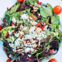 Organic Mixed Salad (Entreé Size) · Organic mixed greens, cherry tomatoes, red bells, gorgonzola cheese & chopped walnuts, tosse...