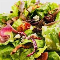 Bacon and Blue Salad (Entreé Size) · Romaine topped with bacon, gorgonzola, cherry tomatoes, caramelized red onion & house made b...