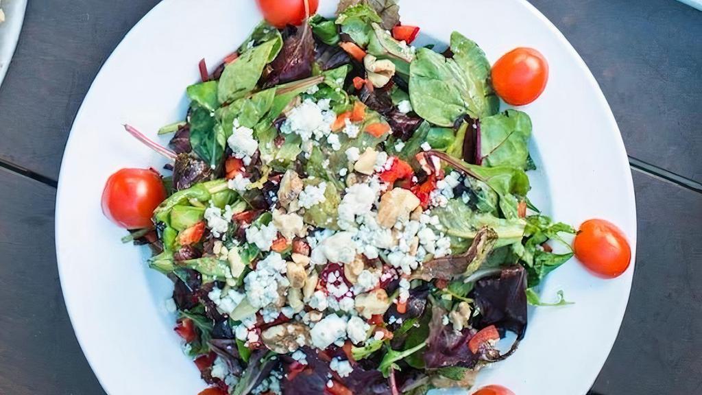 Organic Mixed Salad (Half Size) · Organic mixed greens, cherry tomatoes, red bells, gorgonzola cheese & chopped walnuts, tossed with a house made vinaigrette dressing