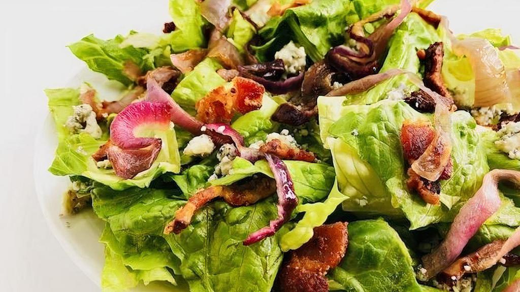 Bacon and Blue Salad (Half Size) · Romaine topped with bacon, gorgonzola, cherry tomatoes, caramelized red onion & house made blue cheese dressing