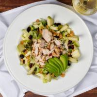 Apple Harvest Salad · Chicken breast, apples, walnuts, dried cranberries, avocado, tomato, cucumber, bleu cheese c...