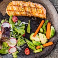 Salmon Teriyaki · Grilled salmon fillet, served with carrots, yukon potatoes . miso soup, and house green salad