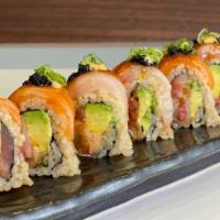 Melanie’s Roll · Spicy yellowtail and avocado inside, salmon, hamachi, black tobiko, and green onions on top.