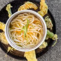 Tempura Udon · udon noodles soup; soy sauce, green onions and sided of tempura shrimp and assorted vegetables