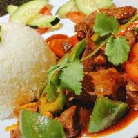 Shaken Beef Rice Plate (Cubed Beef Steak) · Cubed beef steak, bell pepper, and onion served with rice.