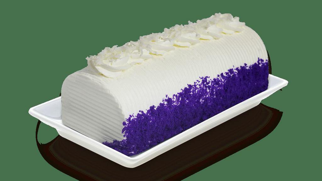 Ube Coconut Roll · Purple yam chiffon filled with cream & macapuno strings, finished with ube crumbs & coconut flakes