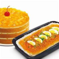 Mango Supreme And Palabok Family Platter · Palabok Family Platter and Mango Supreme Cake