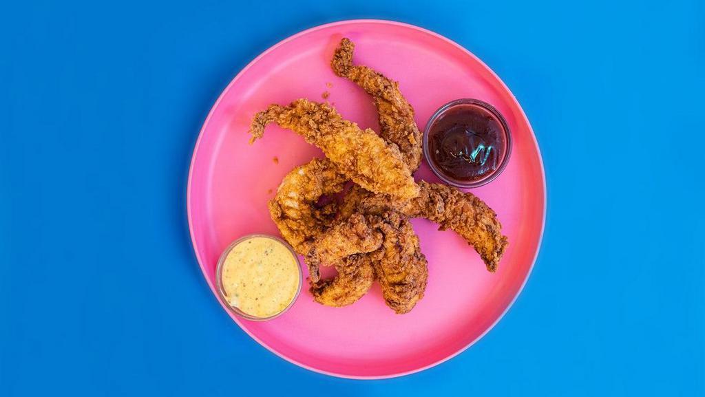 6 Chef Crafted Tenders · Crispy chicken tenders with your choice of 2 sauces. Served with waffle fries.
