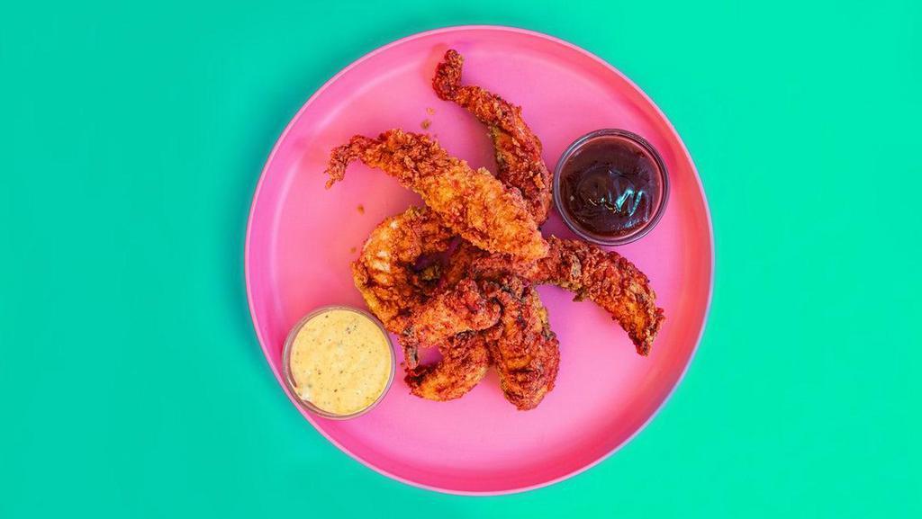 6 Nashville Hot Tenders · Crispy chicken tenders that get twisted + tossed with our Nashville Hot sauce and topped with tangy pickles. Includes your choice of 2 sauces. Served with waffle fries.