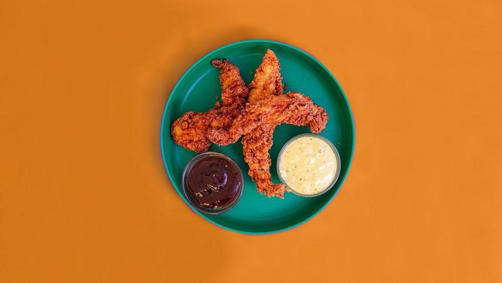 3 Nashville Hot Tenders · Crispy chicken tenders that get twisted + tossed with our Nashville Hot sauce and topped with tangy pickles. Includes your choice of 2 sauces. Served with waffles fries.