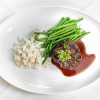 Grilled Central Valley Filet of Beef · Potato risotto, green beans, red wine reduction.