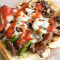 Superman Deluxe · Steak, bell pepper, mushrooms, tomato sauce, and Provolone cheese.