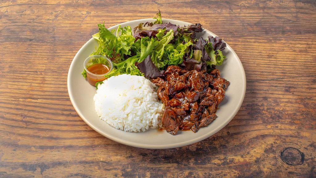 Steak Teriyaki Plate by Glaze Teriyaki Grill · By Glaze Teriyaki Grill. Grilled grass-fed steak served over white rice, alongside salad, our house-made sesame dressing, and teriyaki sauce. Contains gluten, soy, and eggs. We cannot make substitutions.