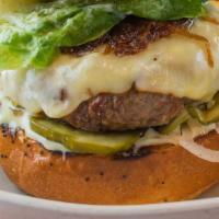 Burger, Fully Dress and Ready to Party · Muenster cheese, house pickles, little gem lettuce, bourbon-aioli, angostura bitters, sesame...