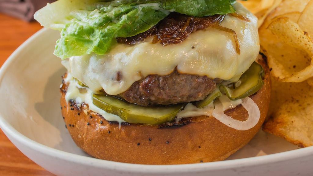 Burger, Fully Dress and Ready to Party · Muenster cheese, house pickles, little gem lettuce, bourbon-aioli, angostura bitters, sesame brioche bun.