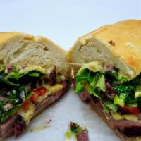 Churrasco Sandwich · BBQ Tri Tip, Smoked Gouda and Chimichurri on Sliced Sourdough with Tomatoes and Fresh Arugula