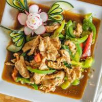 28. Gai Gra Praw · Chicken sautéed with Thai basil, garlic, bell peppers, chili, and spicy Thai sauce.