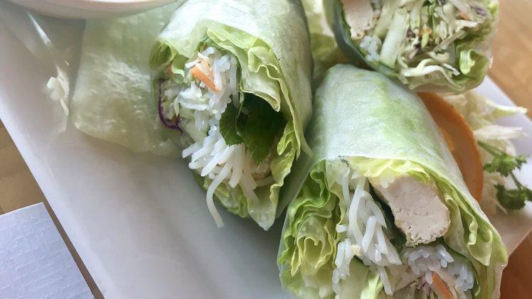 3. Fresh Rolls · Prawns, lettuce, shredded cabbage, cucumber, mint, and vermicelli wrapped with rice paper, served with our delicious peanut sauce.