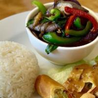 111. Eggplant Gra Praw · Eggplants sautéed with Thai basil, garlic, bell peppers, chili, and our spicy Thai sauce.