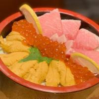 Toro, Uni & Ikura over Sushi Rice · Bluefin Tuna Toro, Uni and Ikura over sushi rice