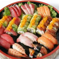 Sushi & Sashimi Tray (43 pcs) · 3 Maguro Sashimi, 3 Hamachi Sashimi, 3 Sake Sashimi, 8 Rainbow Roll, 8 Caterpillar Roll, 8 T...