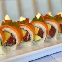 Emperor's New Roll · Red Tuna, Tamago, Avocado, Topped With Salmon, Green Tobiko, Ikura, Japanese Mayo and Spicy ...