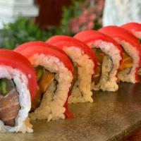 Cherry Blossom Roll · Salmon & Cucumber Topped with Red Tuna (8 pcs)