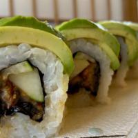Caterpillar Roll · BBQ Eel & Cucumber Topped with Avocado and Masago (8 pcs)