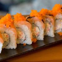 Giants Roll · Scallop and Crab Meat Topped with Salmon and Masago (8 pcs)