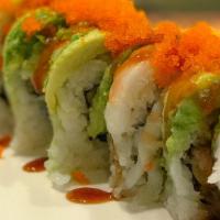 Pacific Roll · Deep Fried Scallop Topped With Cooked Shrimp, Masago, Avocado and Unagi Sauce (8 pcs)