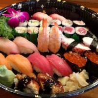 Sushi For Two · 28 pieces. 2 Ikura, 2 Sake, 2 Maguro, 2 Ebi, 2 Unagi, 2 Tako, 2 Hamachi, 2 Tai, Kappa Maki, ...