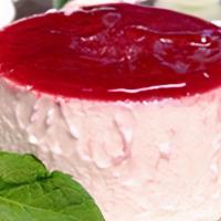 Raspberry Panna Cotta · Sweetened cooked cream topped with a refreshing raspberry coulis