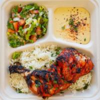 5. Tandoori Chicken Plate · Chicken leg quarters marinated with our famous spice , hummus, salad and rice