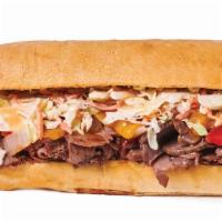 Texas Bbq (Regular) · Bbq chicken or beef, melted cheddar, roasted onion and pepper, cole slaw, russian dressing.