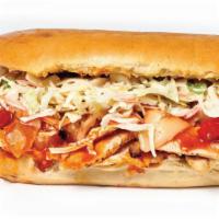 Buffalo Chicken · Buffalo chicken, pepper jack cheese, ranch cole slaw, roasted peppers, onion.