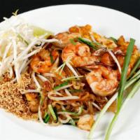 Pad Thai · Classic flavor pad Thai with shrimp, tofu, sprouts, shallot, chives, and crushed roasted pea...