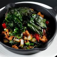 Ga Prow Gai · Traditional saute minced chicken with Thai basil, green bean and Thai chili. Served with jas...